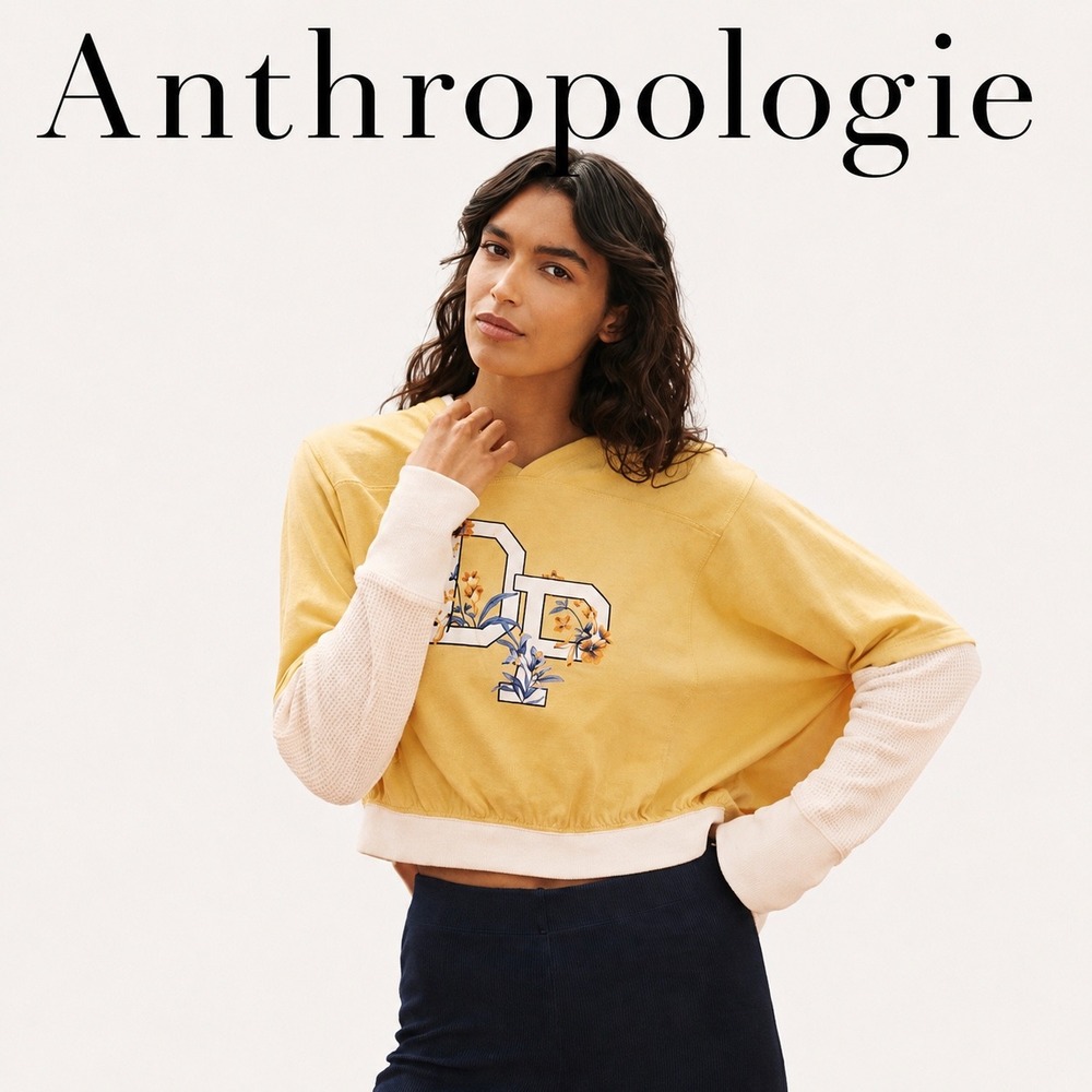Anthropologie Yellow Floral DP Varsity Thermal Layered Top - Picture 1 of 7